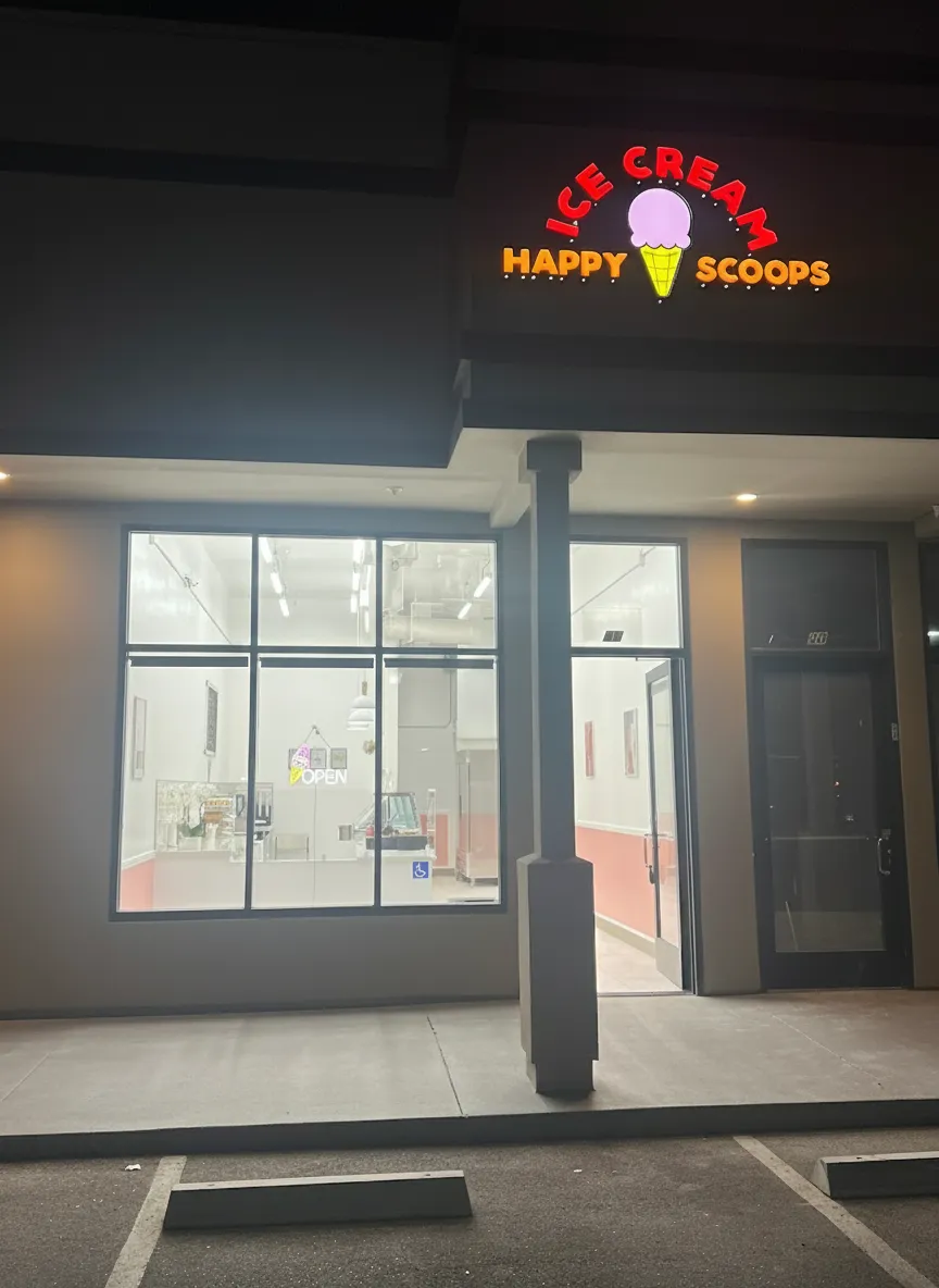 Happy Scoops storefront with neon sign glowing at night