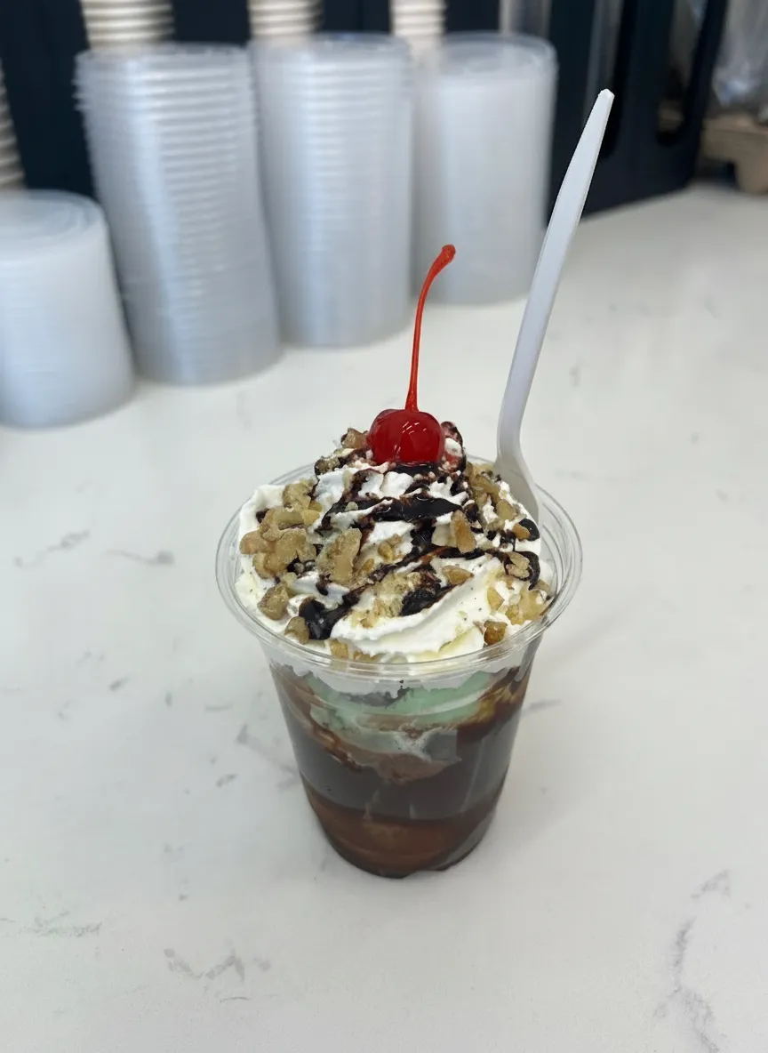 Layered specialty drink with whipped cream, cereal topping, and cherry
