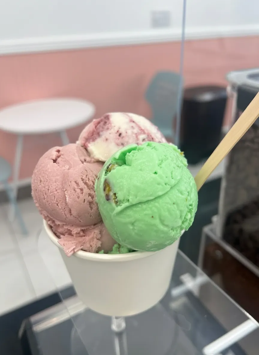 Two-scoop ice cream cone with wooden spoon