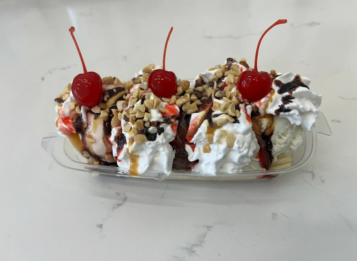 Three sundaes with whipped cream, nuts, and cherries
